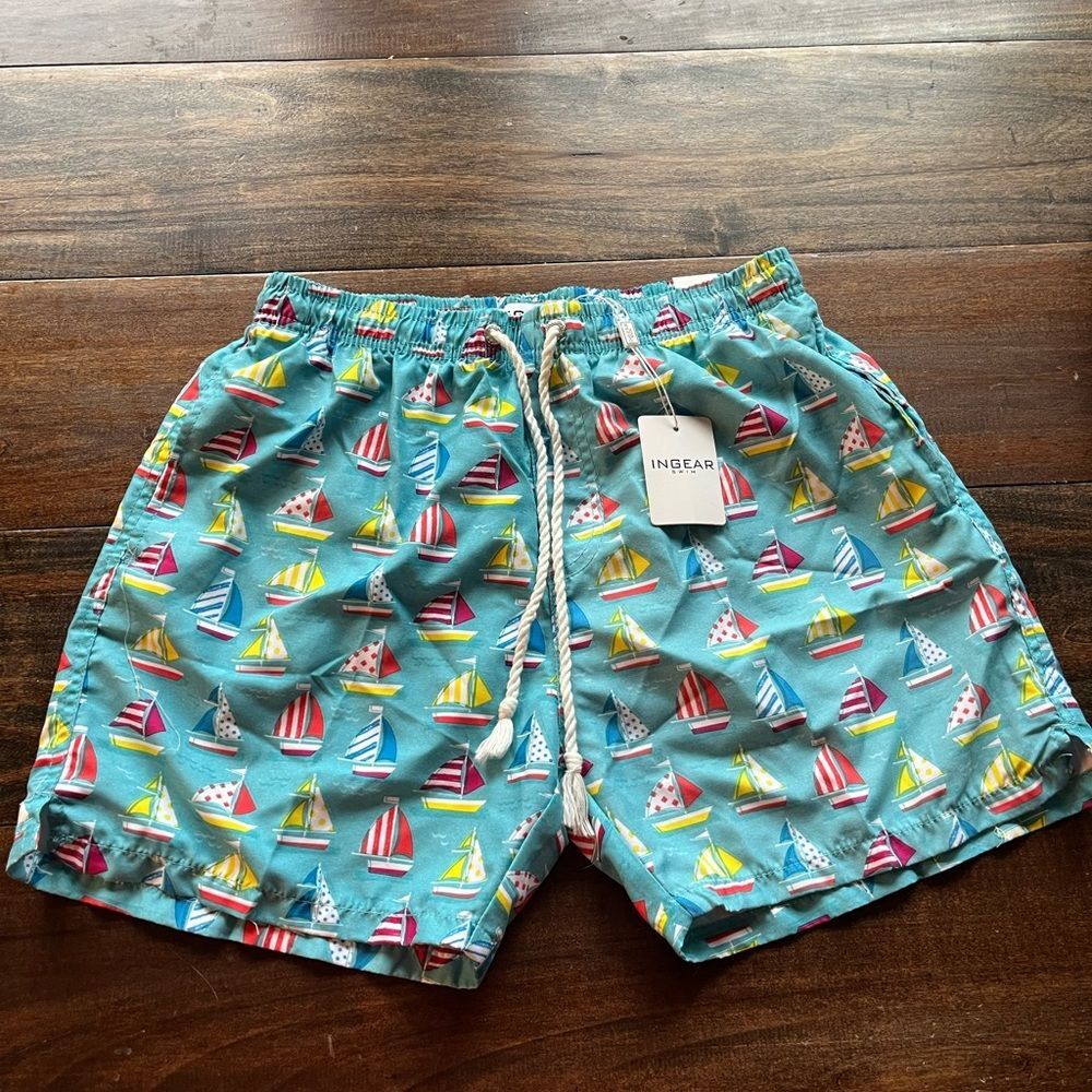 INGEAR Men's NWT Swim Trunks Water Shorts Casual Beach Mesh‎ Lining Sailboats S